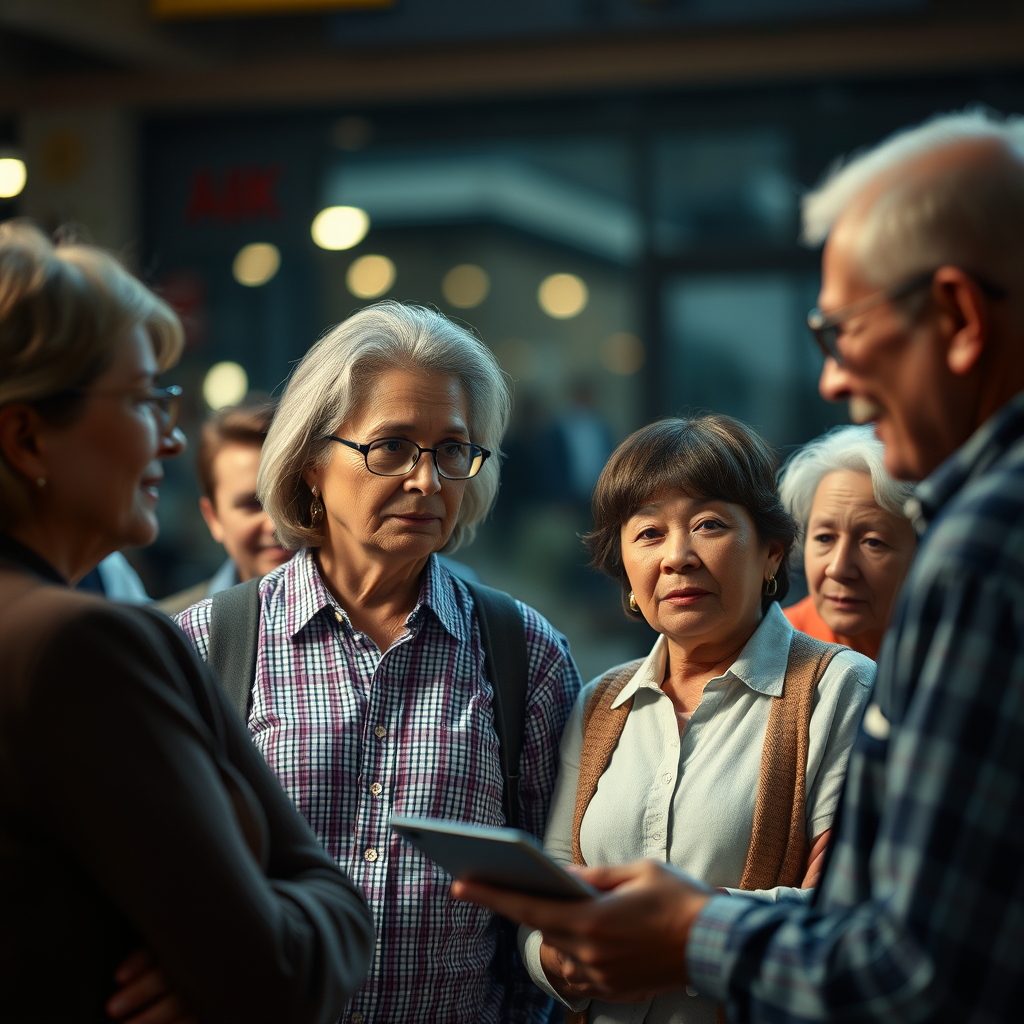 several consumers of varying ages, including at least a couple of older people, who are providing advice